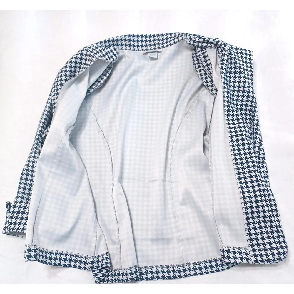 Dressbarn VTG Women's Blk Wht Houndstooth Check Blazer Sz L 3/4 Sleeve USA*READ